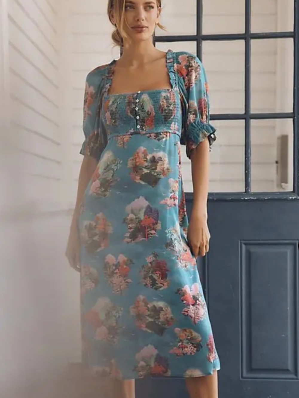 Anthropologie puff sleeve smocked midi dress size Small